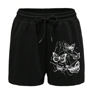 Butterfly Print Drawstring Waist Drawstring Waist Şort