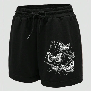 Butterfly Print Drawstring Waist Drawstring Waist Şort