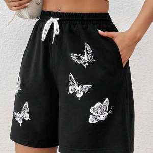 Butterfly Print Drawstring Waist Şort