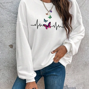 Butterfly Print Drop Shoulder Beyaz