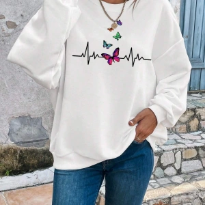 Butterfly Print Drop Shoulder Beyaz