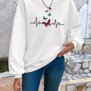 Butterfly Print Drop Shoulder Beyaz