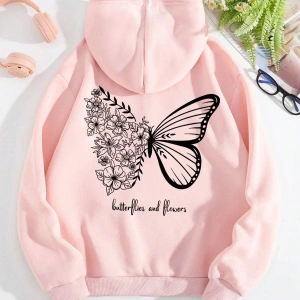 Butterfly & Slogan Graphic Drawstring Lined Hoodie Pembe