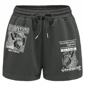 Butterfly & Slogan Graphic Drawstring Waist Şort