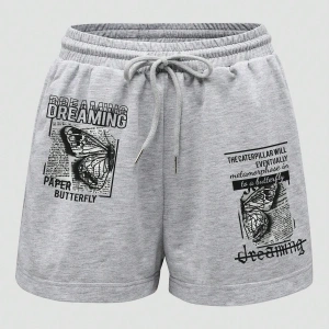 Butterfly & Slogan Graphic Drawstring Waist Şort