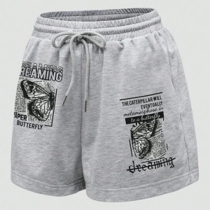 Butterfly & Slogan Graphic Drawstring Waist Şort