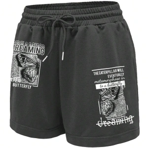 Butterfly & Slogan Graphic Drawstring Waist Şort