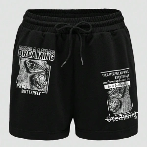Butterfly & Slogan Graphic Drawstring Waist Track Şort