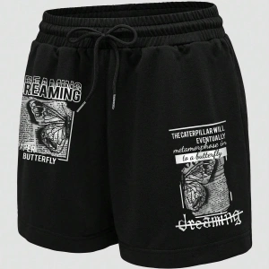 Butterfly & Slogan Graphic Drawstring Waist Track Şort