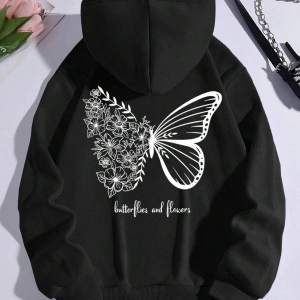 Butterfly & Slogan Graphic Kangaroo Pocket Drawstring Hoodie Siyah