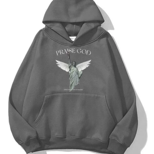Büyük Beden Antrasit Praise God Baskılı 3 iplik Oversize Kapüşonlu Sweatshirt - Gri