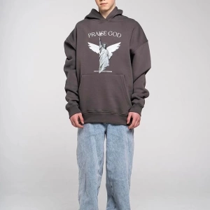 Büyük Beden Antrasit Praise God Baskılı 3 iplik Oversize Kapüşonlu Sweatshirt - Gri
