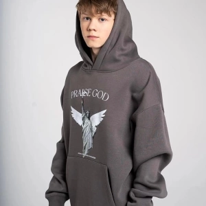 Büyük Beden Antrasit Praise God Baskılı 3 iplik Oversize Kapüşonlu Sweatshirt - Gri