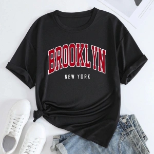 Büyük Beden Beyaz Brooklyn New York Kırmızı Baskılı Oversize Unisex Pamuklu