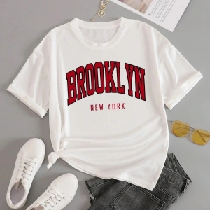 Büyük Beden Beyaz Brooklyn New York Kırmızı Baskılı Oversize Unisex Pamuklu