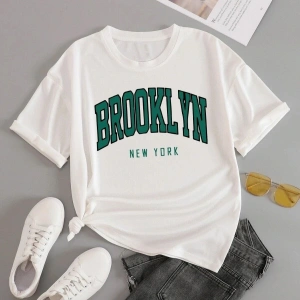 Büyük Beden Beyaz Brooklyn New York Kırmızı Baskılı Oversize Unisex Pamuklu
