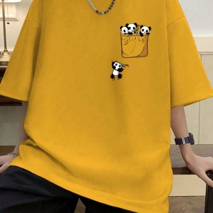 Büyük Beden Erkek Rahat Panda Baskılı Kısa Kollu Tişört, Yaz
