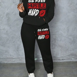 Büyük Beden Kadın Harf Baskılı Yuvarlak Yaka Uzun Kollu Sweatshirt Ve Eşofman Altı 2 Parçalı