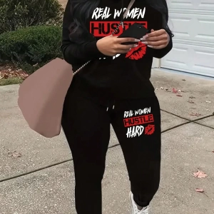 Büyük Beden Kadın Harf Baskılı Yuvarlak Yaka Uzun Kollu Sweatshirt Ve Eşofman Altı 2 Parçalı