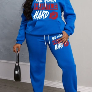 Büyük Beden Kadın Harf Baskılı Yuvarlak Yaka Uzun Kollu Sweatshirt Ve Eşofman Altı 2 Parçalı