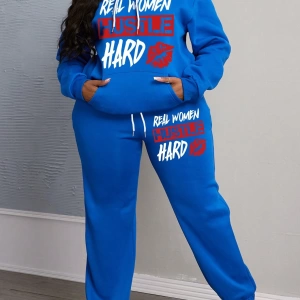 Büyük Beden Kadın Harf Baskılı Yuvarlak Yaka Uzun Kollu Sweatshirt Ve Eşofman Altı 2 Parçalı
