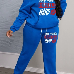 Büyük Beden Kadın Harf Baskılı Yuvarlak Yaka Uzun Kollu Sweatshirt Ve Eşofman Altı 2 Parçalı