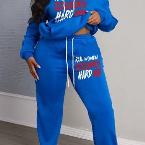 Büyük Beden Kadın Harf Baskılı Yuvarlak Yaka Uzun Kollu Sweatshirt Ve Eşofman Altı 2 Parçalı