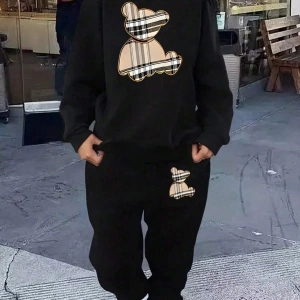 Büyük Beden Kadın Karikatür Ekose Teddy Ayı Baskılı Uzun Kollu Sweatshirt Ve Eşofman A