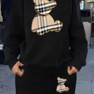 Büyük Beden Kadın Karikatür Ekose Teddy Ayı Baskılı Uzun Kollu Sweatshirt Ve Eşofman A
