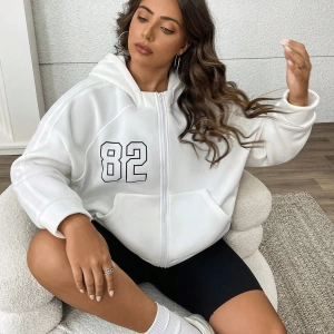 Büyük Beden Kadın Numara Baskılı Uzun Kollu Fermuarlı Kapüşonlu Sweatshirt, Sonbahar/K Model 5185