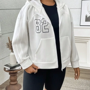 Büyük Beden Kadın Numara Baskılı Uzun Kollu Fermuarlı Kapüşonlu Sweatshirt, Sonbahar/K Model 5185