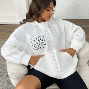 Büyük Beden Kadın Numara Baskılı Uzun Kollu Fermuarlı Kapüşonlu Sweatshirt, Sonbahar/K Model 5185