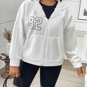 Büyük Beden Kadın Numara Baskılı Uzun Kollu Fermuarlı Kapüşonlu Sweatshirt, Sonbahar/K Model 5185