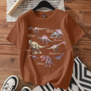 Büyük Beden Kadın Yazlık Dinozor Baskılı Dar Kesim Tişört, Rahat ve Minimalist