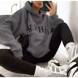 Büyük Beden Kapüşonlu B.h.v.r Baskılı %100 Pamuk Oversize Sokak Modası Kadın Sweats Gri