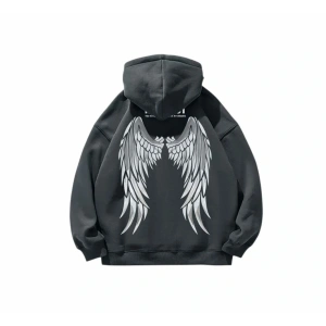 Büyük Beden Kapüşonlu Çift Kanat Sırt Baskılı %100 Pamuk Oversize Kadın Sweatshırt Gri