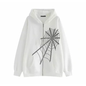 Büyük Beden Kapüşonlu Farmuarlı Silver Örümcek Ağı Baskılı Oversize Kadın Ceket Swe Beyaz