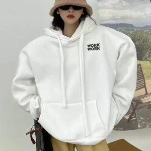 Büyük Beden Kapüşonlu Work Work Baskılı Tam Kışlık Geniş Oversize Kadın Sweatshırt Beyaz