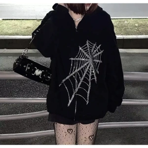 Büyük Beden Örümcek Ağı Silver Baskılı Kapüşonlu Fermuarlı Oversize Kadın Ceket-swe Siyah