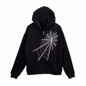 Büyük Beden Örümcek Ağı Silver Baskılı Kapüşonlu Fermuarlı Oversize Kadın Ceket-swe Siyah