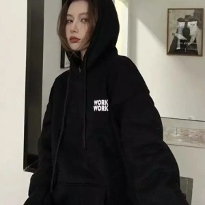 Büyük Beden Özel Tasarım Kapüşonlu Work Work Baskılı Geniş Oversize Kadın Sweatshır Siyah