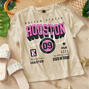 Büyük Beden Tişörtler Rahat Basit HOUSTON Mektup Baskılı Bol Kesim Kısa Kollu Ti