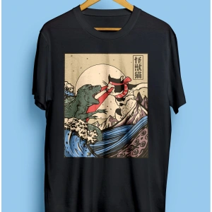 Canavar Deniz Gözlerinden Işık Saçan Kedi Temalı Tasarım Baskılı Unisex Tişört