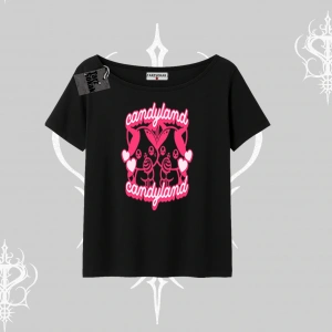 Candyland Yazılı Sevimli Kedi Baskılı Kapşonlu Crop Sweatshirt