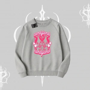 Candyland Yazılı Sevimli Kedi Baskılı Oversize Crop Tshirt