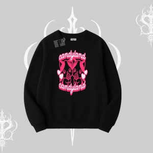 Candyland Yazılı Sevimli Kedi Baskılı Oversize Crop Tshirt