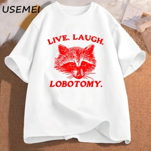 Canlı gülmek Lobotomy T Shirt Meme rakun grafik T-Shirt Vintage pamuk kısa kollu baskılı Tshi 2901