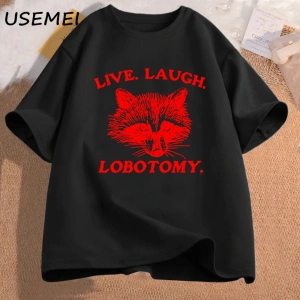 Canlı gülmek Lobotomy T Shirt Meme rakun grafik T-Shirt Vintage pamuk kısa kollu baskılı Tshi 2901