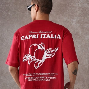 Capri Italia İtalyan Yaz Grafik Tişört Büyük Boy Kutu Kesim Seyahat Baskısı Akdeniz Ta