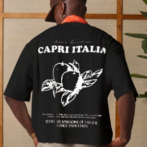 Capri Italia İtalyan Yaz Grafik Tişört Büyük Boy Kutu Kesim Seyahat Baskısı Akdeniz Ta
